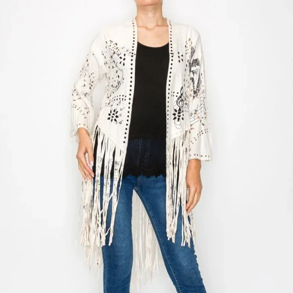 NEW ORIGAMI faux suede duster JACKET cardigan WESTERN BOHO FRINGE MUSIC FESTIVAL - Picture 1 of 10